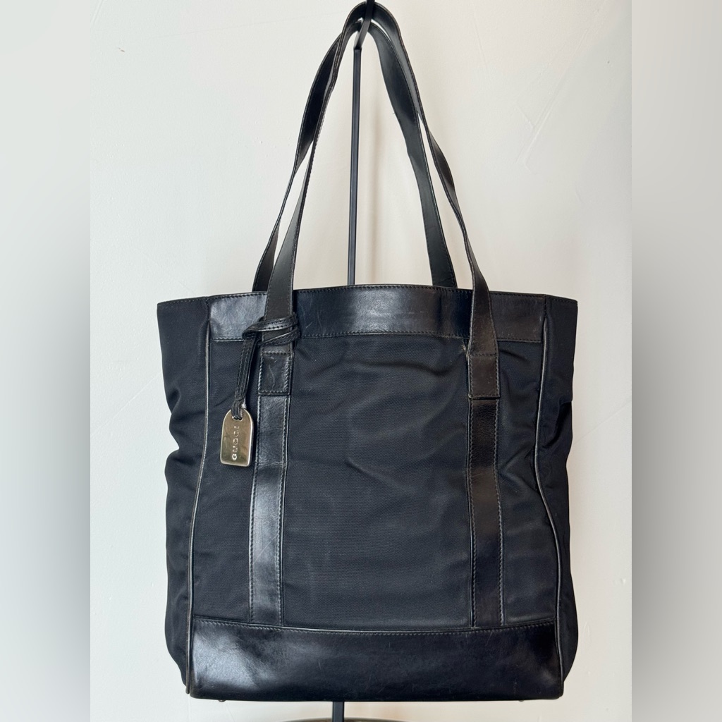 Gucci Black Patterned Textile And Leather Tote